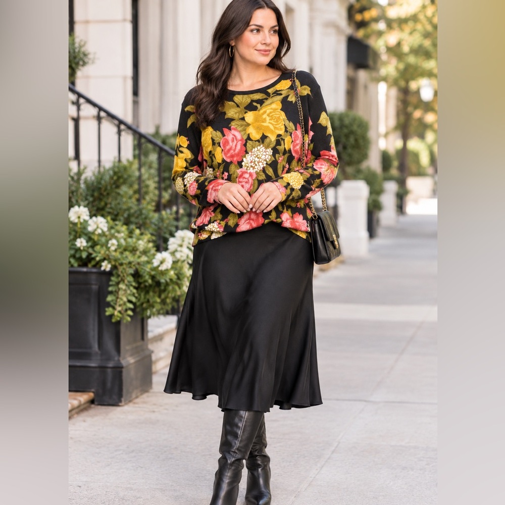 Cathy Daniels Black Coral Yellow Business Casual Crewneck Sweater Plus Size 1X